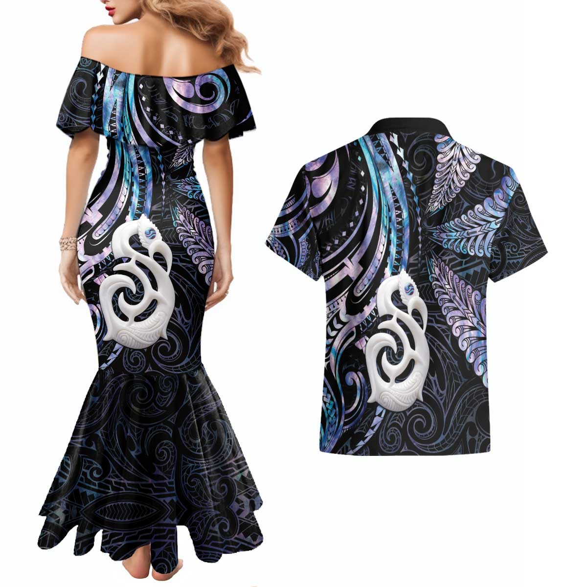 New Zealand Aotearoa Couples Matching Mermaid Dress and Hawaiian Shirt Maori Hei Manaia Purple Paua Shell