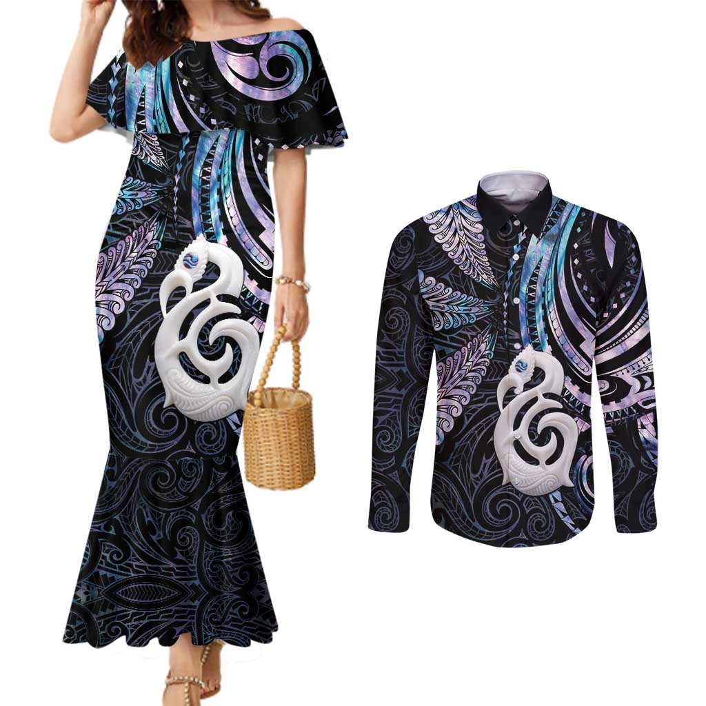 New Zealand Aotearoa Couples Matching Mermaid Dress and Long Sleeve Button Shirt Maori Hei Manaia Purple Paua Shell