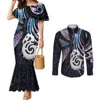 New Zealand Aotearoa Couples Matching Mermaid Dress and Long Sleeve Button Shirt Maori Hei Manaia Purple Paua Shell