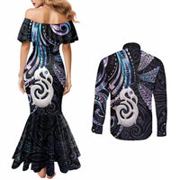 New Zealand Aotearoa Couples Matching Mermaid Dress and Long Sleeve Button Shirt Maori Hei Manaia Purple Paua Shell