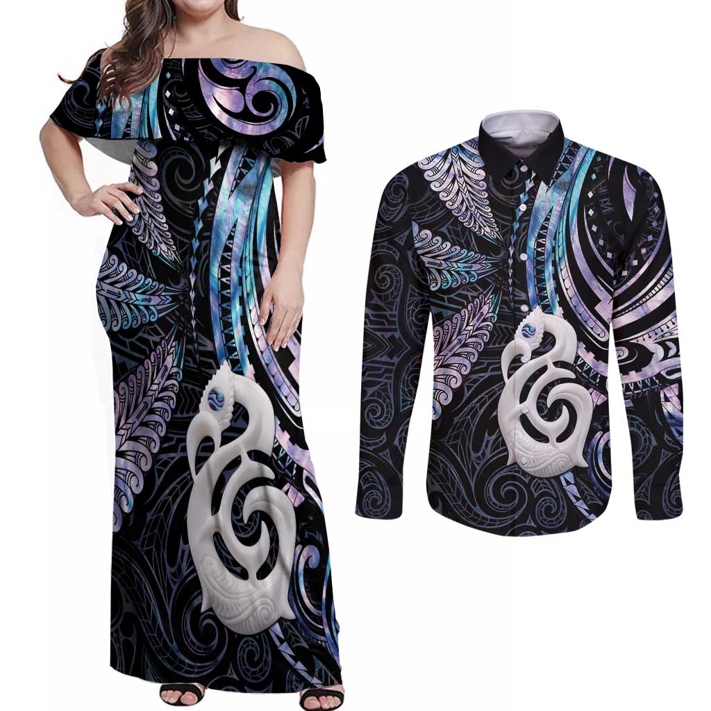 New Zealand Aotearoa Couples Matching Off Shoulder Maxi Dress and Long Sleeve Button Shirt Maori Hei Manaia Purple Paua Shell