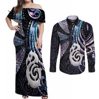 New Zealand Aotearoa Couples Matching Off Shoulder Maxi Dress and Long Sleeve Button Shirt Maori Hei Manaia Purple Paua Shell