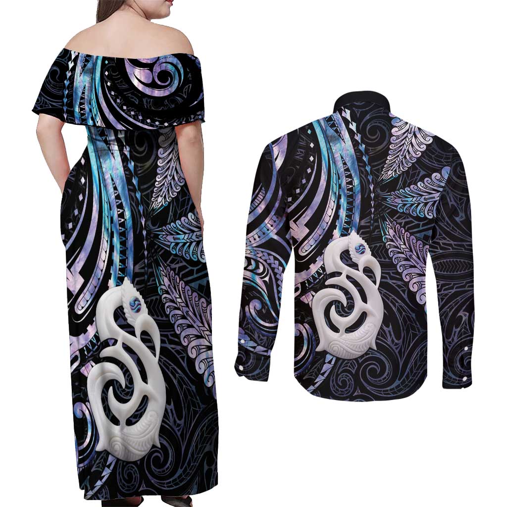New Zealand Aotearoa Couples Matching Off Shoulder Maxi Dress and Long Sleeve Button Shirt Maori Hei Manaia Purple Paua Shell