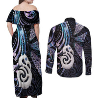New Zealand Aotearoa Couples Matching Off Shoulder Maxi Dress and Long Sleeve Button Shirt Maori Hei Manaia Purple Paua Shell