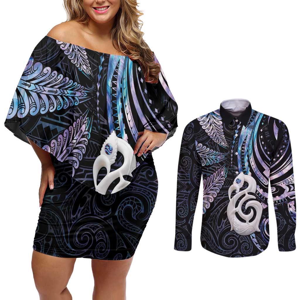 New Zealand Aotearoa Couples Matching Off Shoulder Short Dress and Long Sleeve Button Shirt Maori Hei Manaia Purple Paua Shell