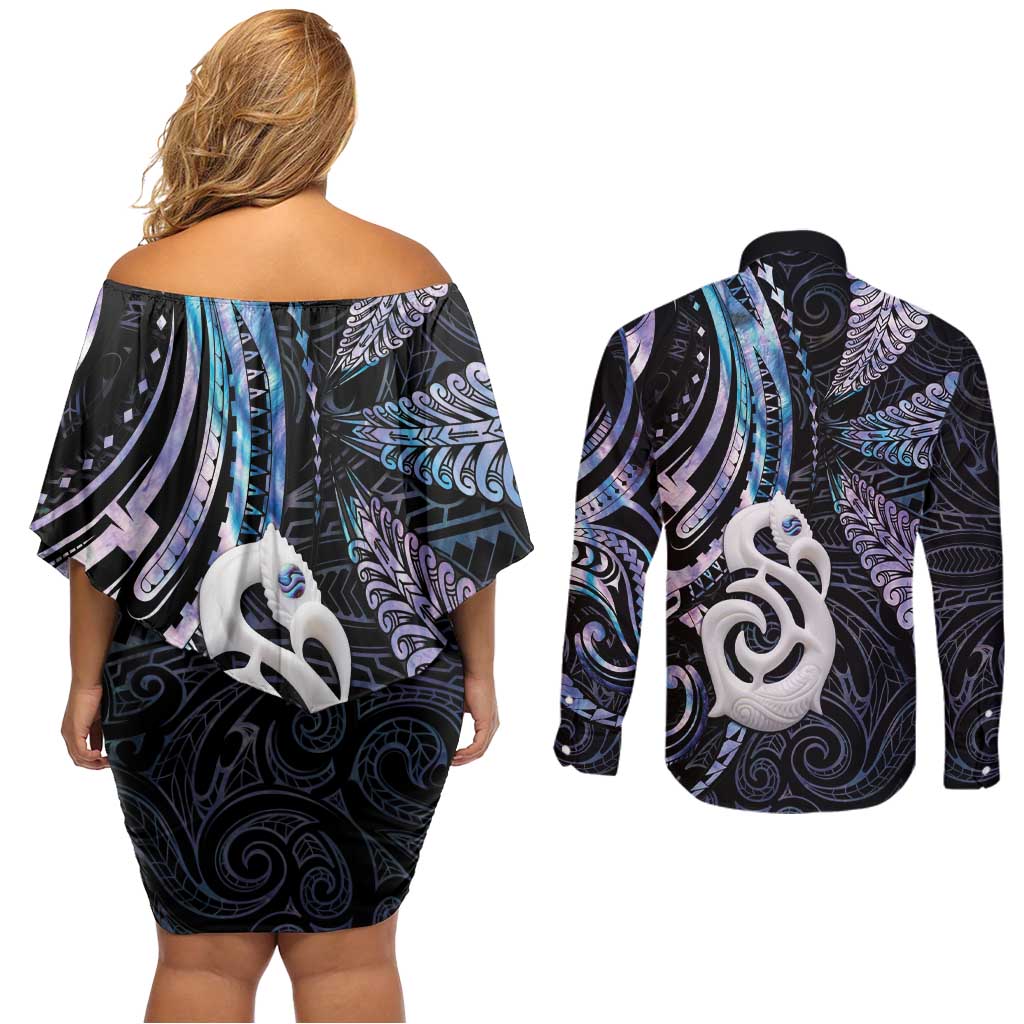 New Zealand Aotearoa Couples Matching Off Shoulder Short Dress and Long Sleeve Button Shirt Maori Hei Manaia Purple Paua Shell