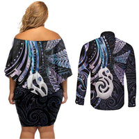 New Zealand Aotearoa Couples Matching Off Shoulder Short Dress and Long Sleeve Button Shirt Maori Hei Manaia Purple Paua Shell
