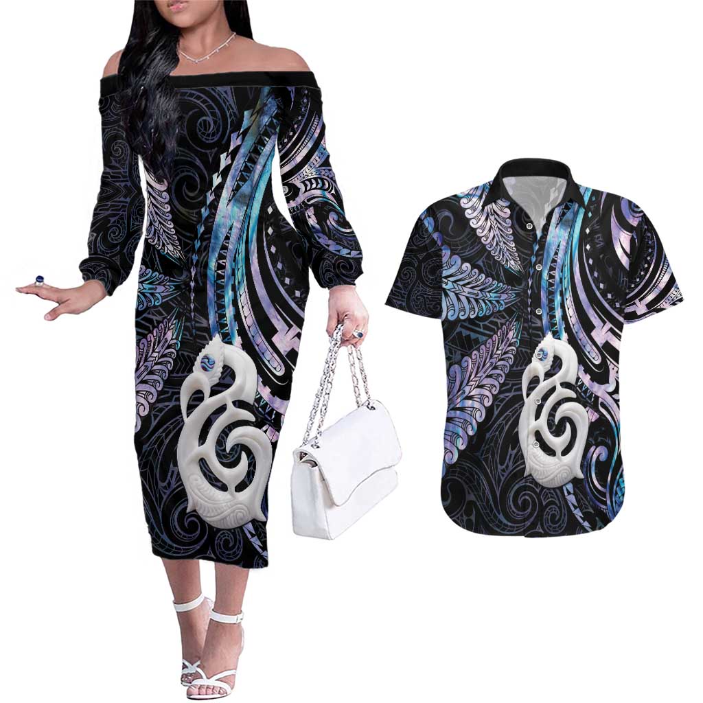 New Zealand Aotearoa Couples Matching Off The Shoulder Long Sleeve Dress and Hawaiian Shirt Maori Hei Manaia Purple Paua Shell