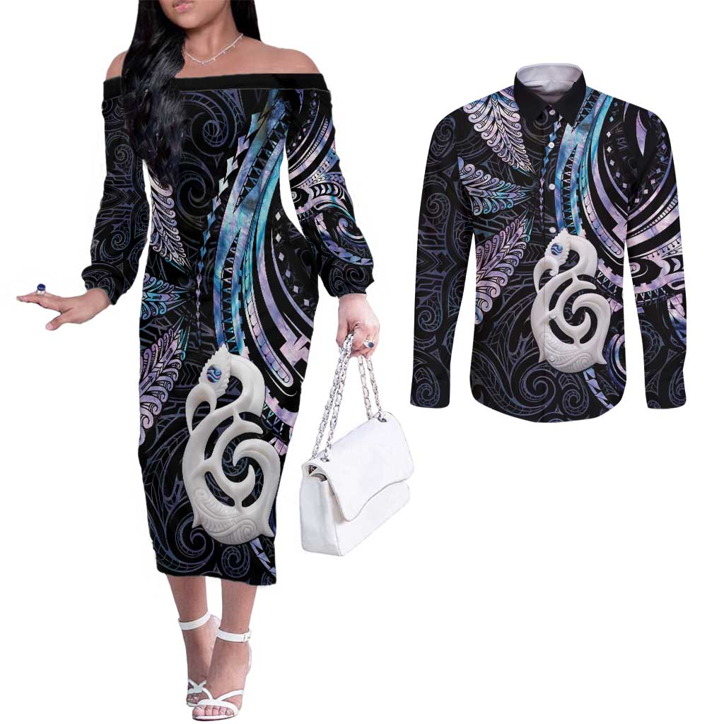 New Zealand Aotearoa Couples Matching Off The Shoulder Long Sleeve Dress and Long Sleeve Button Shirt Maori Hei Manaia Purple Paua Shell