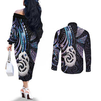 New Zealand Aotearoa Couples Matching Off The Shoulder Long Sleeve Dress and Long Sleeve Button Shirt Maori Hei Manaia Purple Paua Shell