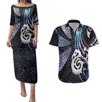 New Zealand Aotearoa Couples Matching Puletasi and Hawaiian Shirt Maori Hei Manaia Purple Paua Shell