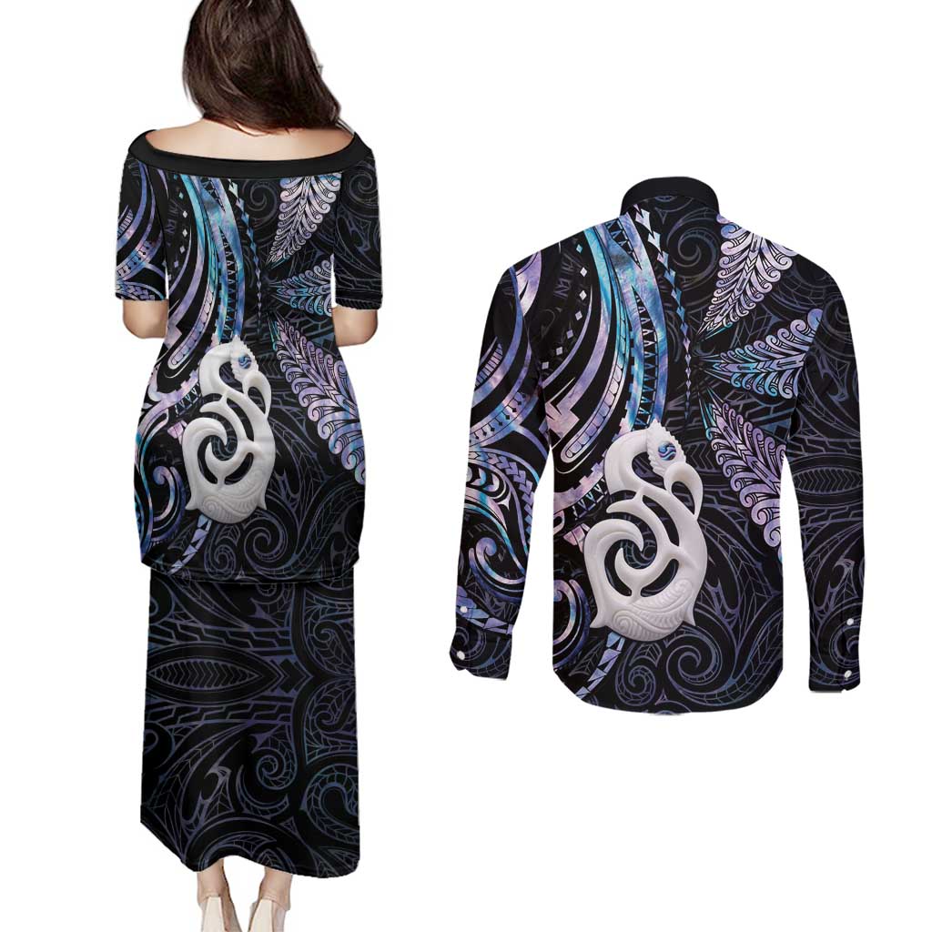 New Zealand Aotearoa Couples Matching Puletasi and Long Sleeve Button Shirt Maori Hei Manaia Purple Paua Shell