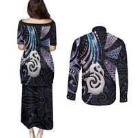 New Zealand Aotearoa Couples Matching Puletasi and Long Sleeve Button Shirt Maori Hei Manaia Purple Paua Shell