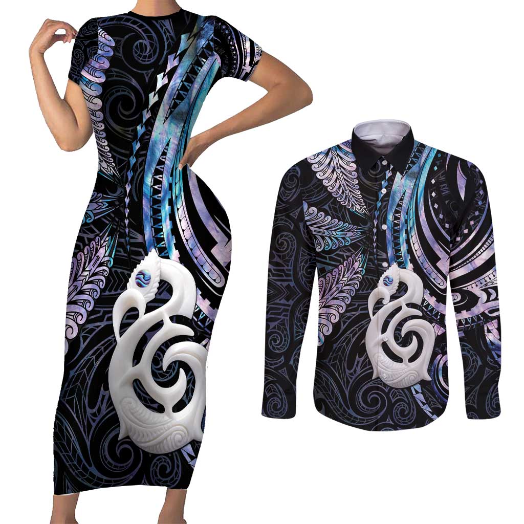 New Zealand Aotearoa Couples Matching Short Sleeve Bodycon Dress and Long Sleeve Button Shirt Maori Hei Manaia Purple Paua Shell