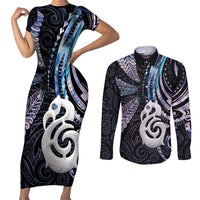 New Zealand Aotearoa Couples Matching Short Sleeve Bodycon Dress and Long Sleeve Button Shirt Maori Hei Manaia Purple Paua Shell