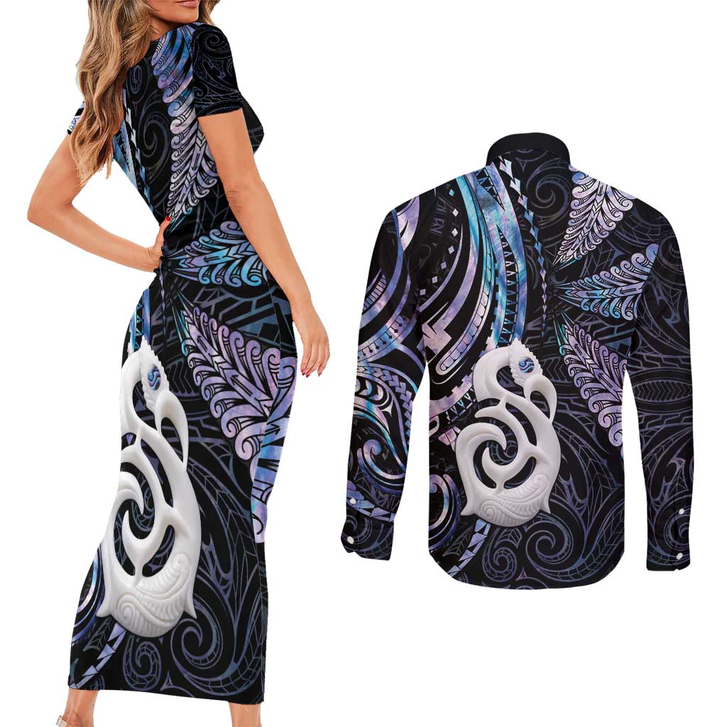 New Zealand Aotearoa Couples Matching Short Sleeve Bodycon Dress and Long Sleeve Button Shirt Maori Hei Manaia Purple Paua Shell