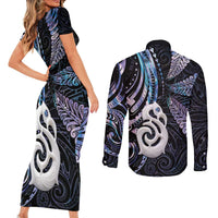 New Zealand Aotearoa Couples Matching Short Sleeve Bodycon Dress and Long Sleeve Button Shirt Maori Hei Manaia Purple Paua Shell