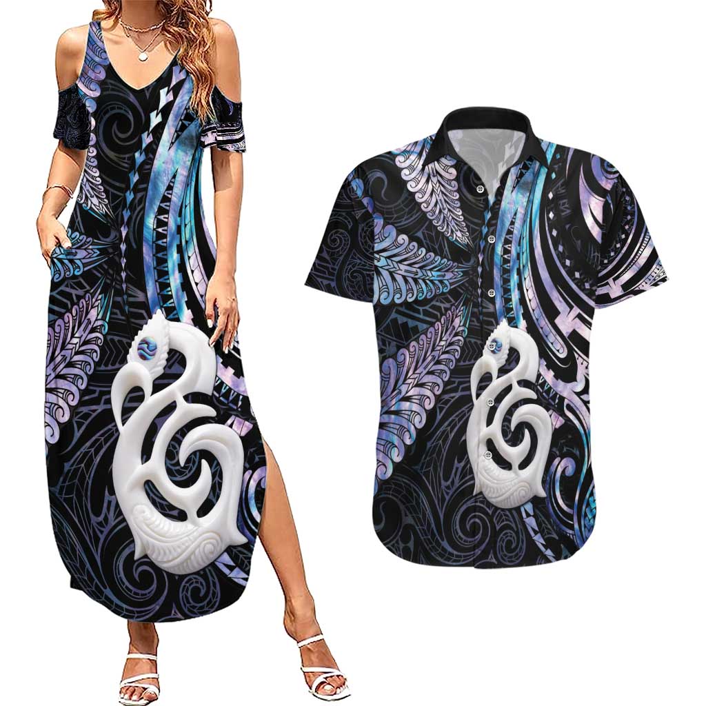 New Zealand Aotearoa Couples Matching Summer Maxi Dress and Hawaiian Shirt Maori Hei Manaia Purple Paua Shell