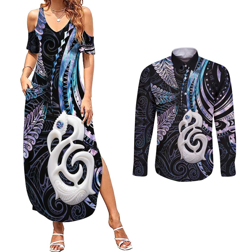 New Zealand Aotearoa Couples Matching Summer Maxi Dress and Long Sleeve Button Shirt Maori Hei Manaia Purple Paua Shell
