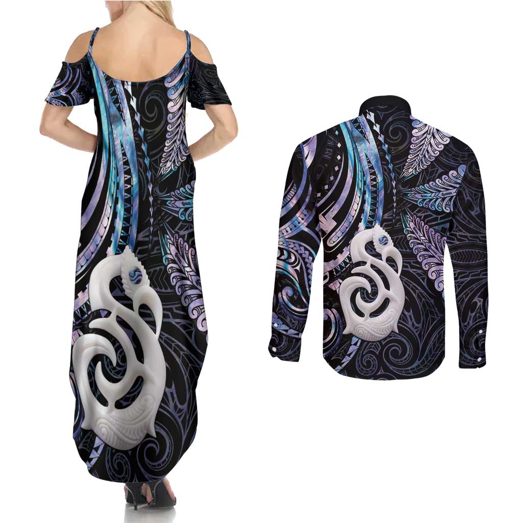 New Zealand Aotearoa Couples Matching Summer Maxi Dress and Long Sleeve Button Shirt Maori Hei Manaia Purple Paua Shell