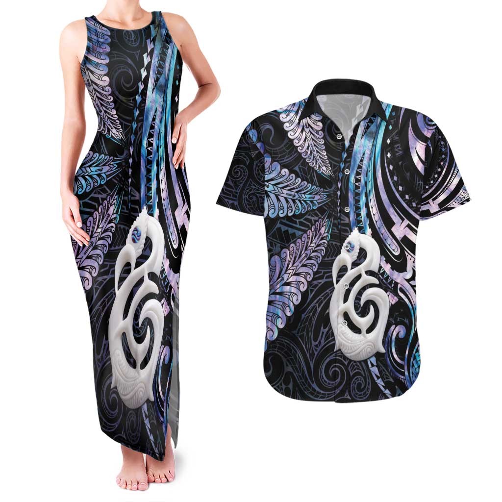New Zealand Aotearoa Couples Matching Tank Maxi Dress and Hawaiian Shirt Maori Hei Manaia Purple Paua Shell
