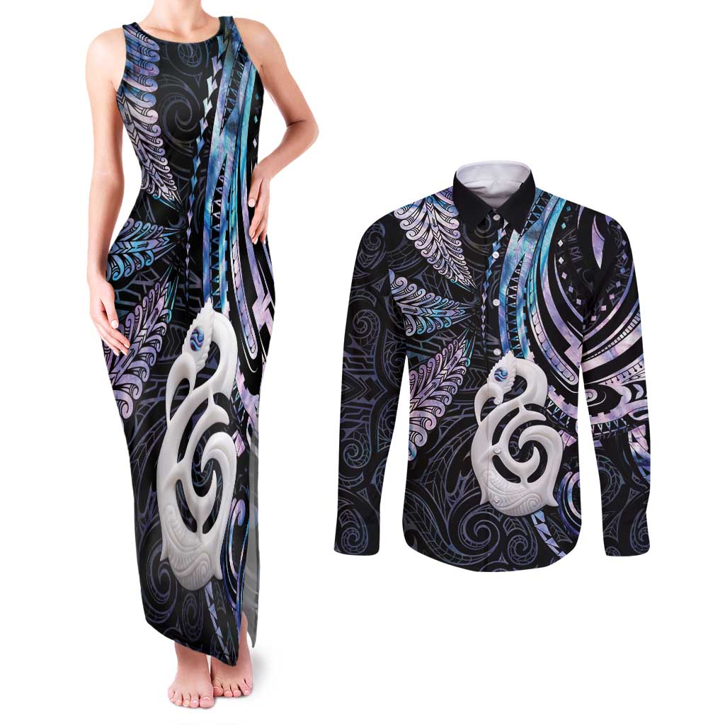 New Zealand Aotearoa Couples Matching Tank Maxi Dress and Long Sleeve Button Shirt Maori Hei Manaia Purple Paua Shell