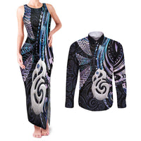 New Zealand Aotearoa Couples Matching Tank Maxi Dress and Long Sleeve Button Shirt Maori Hei Manaia Purple Paua Shell