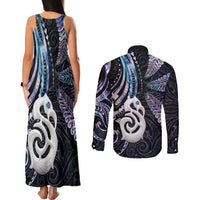 New Zealand Aotearoa Couples Matching Tank Maxi Dress and Long Sleeve Button Shirt Maori Hei Manaia Purple Paua Shell