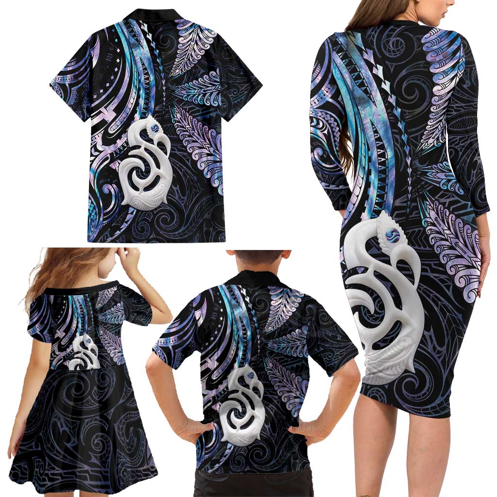 New Zealand Aotearoa Family Matching Long Sleeve Bodycon Dress and Hawaiian Shirt Maori Hei Manaia Purple Paua Shell