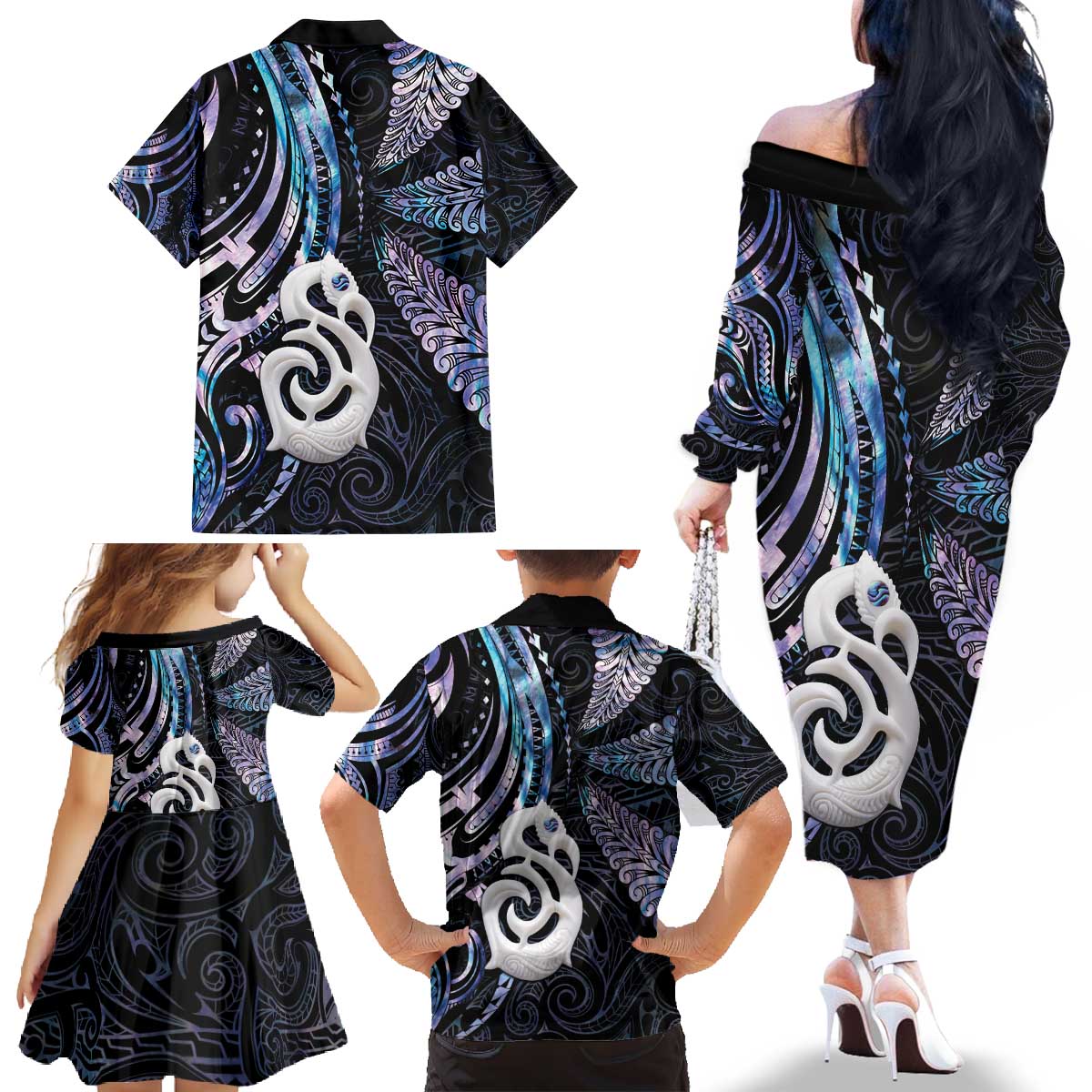 New Zealand Aotearoa Family Matching Off The Shoulder Long Sleeve Dress and Hawaiian Shirt Maori Hei Manaia Purple Paua Shell