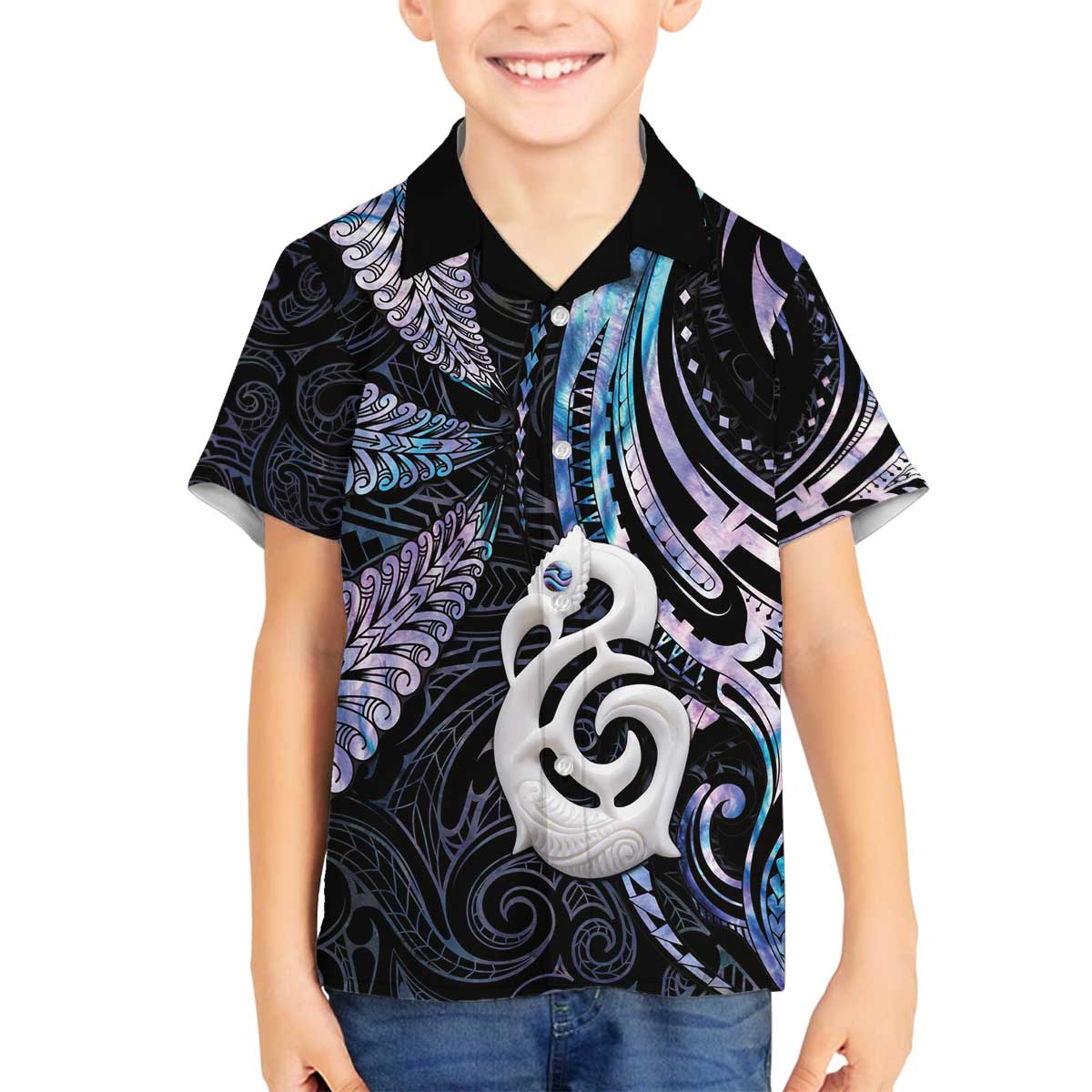 New Zealand Aotearoa Family Matching Off The Shoulder Long Sleeve Dress and Hawaiian Shirt Maori Hei Manaia Purple Paua Shell