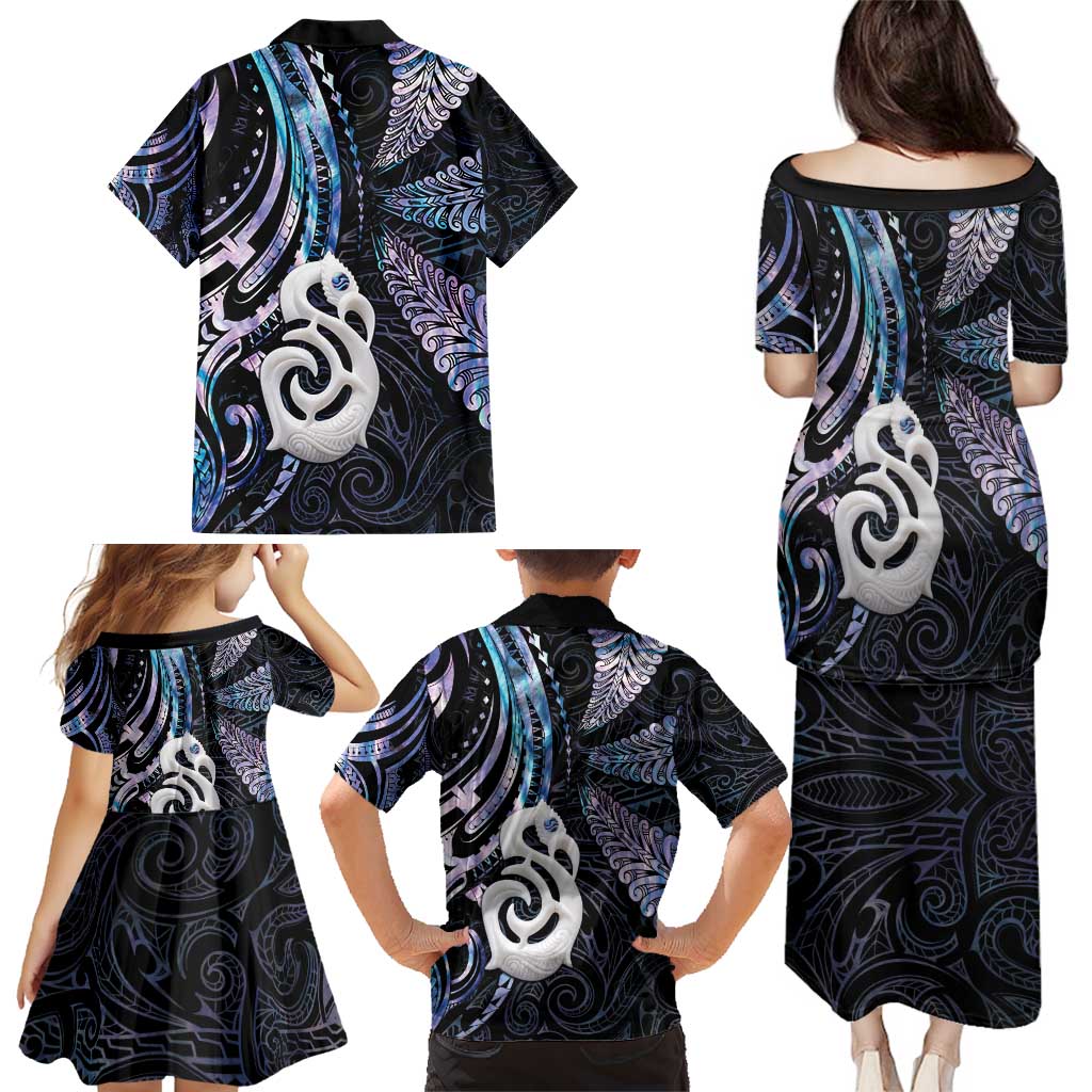 New Zealand Aotearoa Family Matching Puletasi and Hawaiian Shirt Maori Hei Manaia Purple Paua Shell
