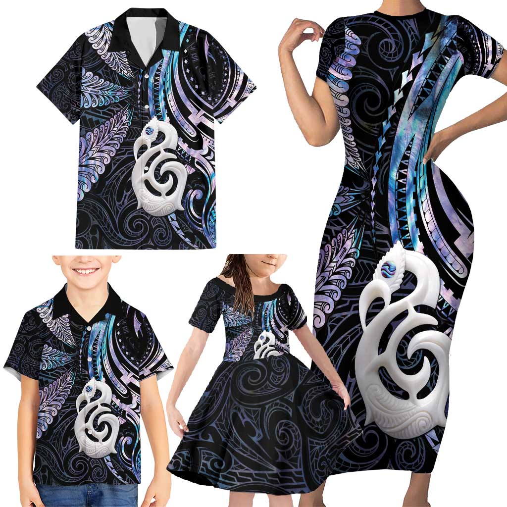 New Zealand Aotearoa Family Matching Short Sleeve Bodycon Dress and Hawaiian Shirt Maori Hei Manaia Purple Paua Shell
