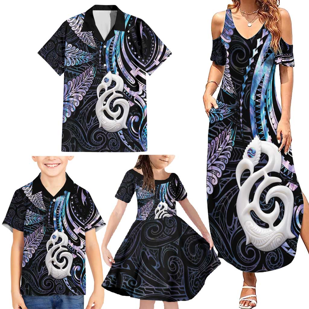 New Zealand Aotearoa Family Matching Summer Maxi Dress and Hawaiian Shirt Maori Hei Manaia Purple Paua Shell