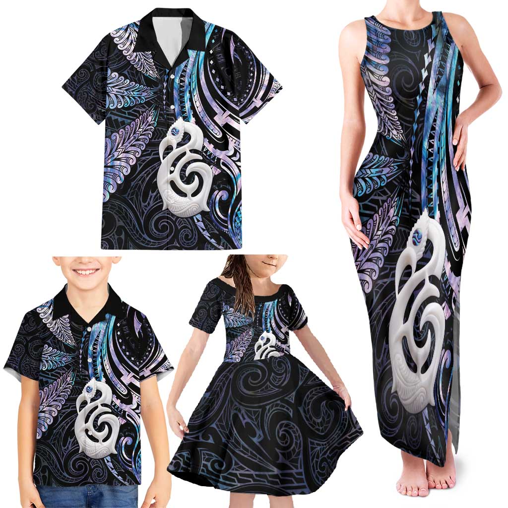 New Zealand Aotearoa Family Matching Tank Maxi Dress and Hawaiian Shirt Maori Hei Manaia Purple Paua Shell