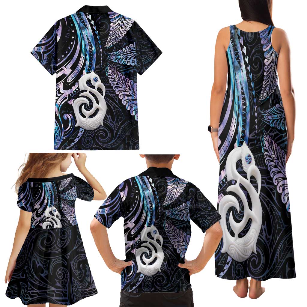New Zealand Aotearoa Family Matching Tank Maxi Dress and Hawaiian Shirt Maori Hei Manaia Purple Paua Shell
