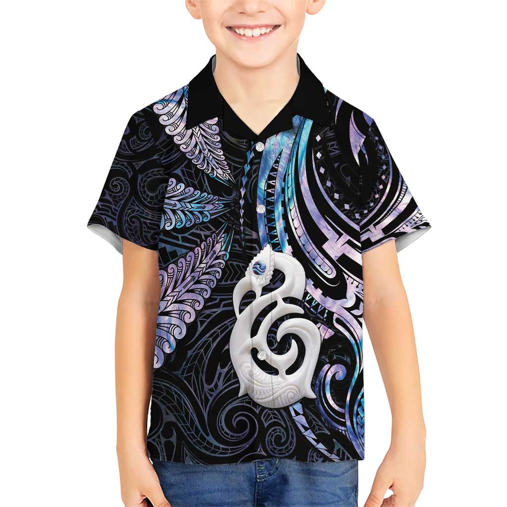 New Zealand Aotearoa Kid Hawaiian Shirt Maori Hei Manaia Purple Paua Shell