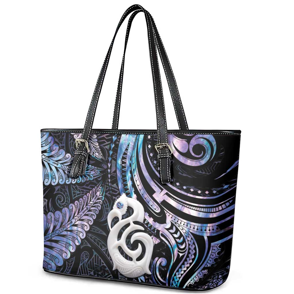 New Zealand Aotearoa Leather Tote Bag Maori Hei Manaia Purple Paua Shell