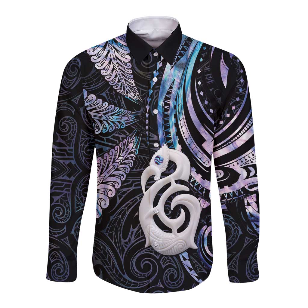 New Zealand Aotearoa Long Sleeve Button Shirt Maori Hei Manaia Purple Paua Shell