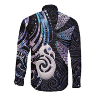 New Zealand Aotearoa Long Sleeve Button Shirt Maori Hei Manaia Purple Paua Shell