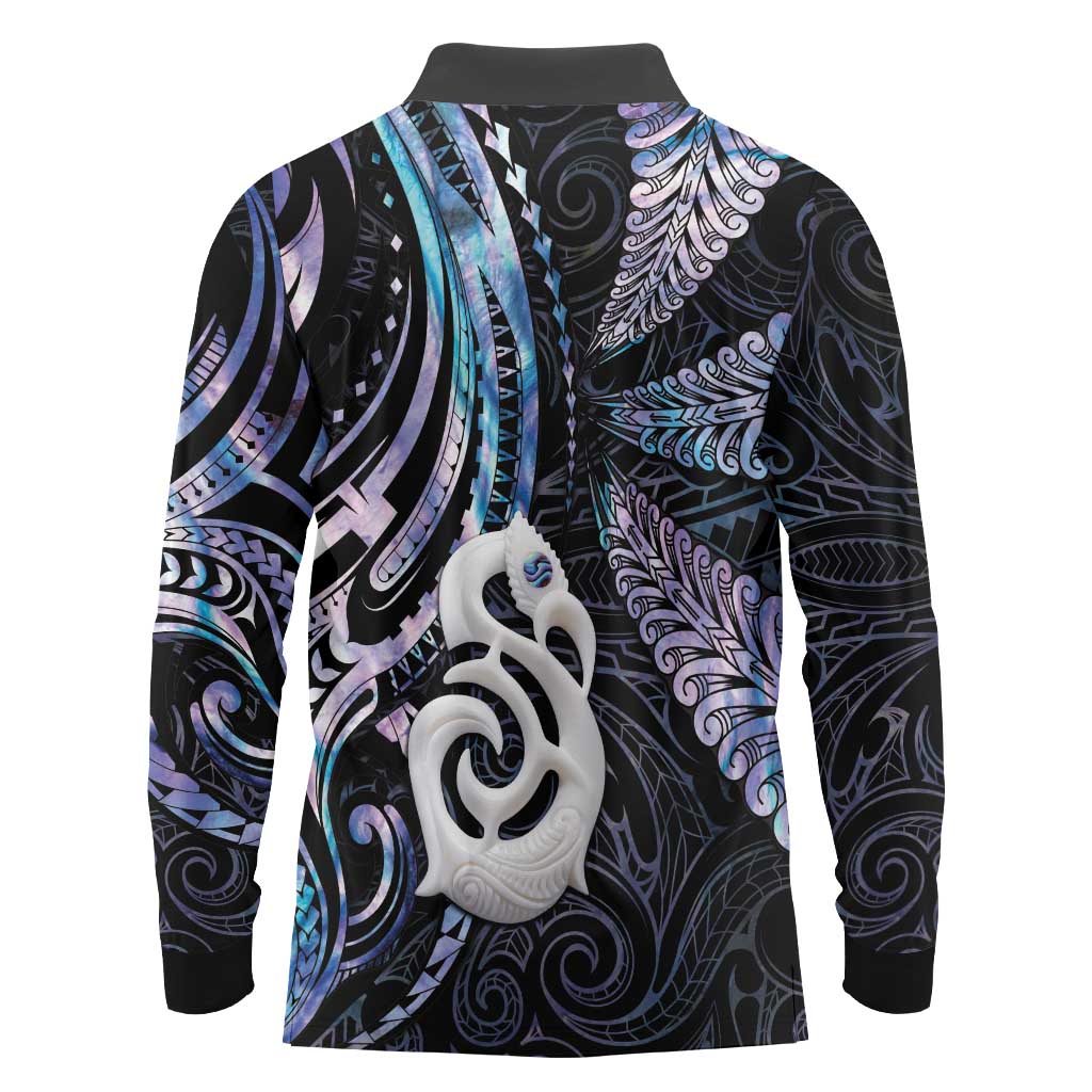 New Zealand Aotearoa Long Sleeve Polo Shirt Maori Hei Manaia Purple Paua Shell