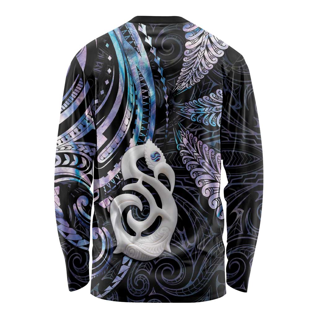 New Zealand Aotearoa Long Sleeve Shirt Maori Hei Manaia Purple Paua Shell
