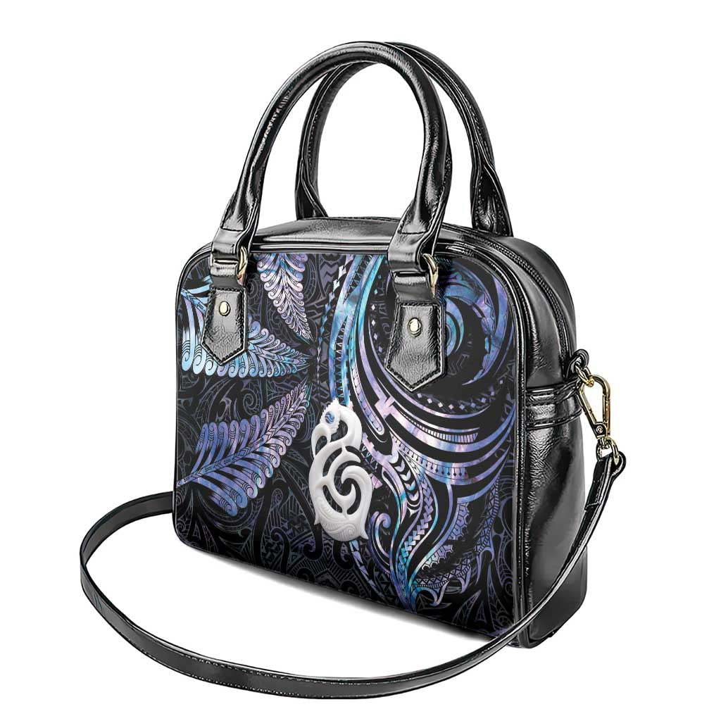 New Zealand Aotearoa Shoulder Handbag Maori Hei Manaia Purple Paua Shell