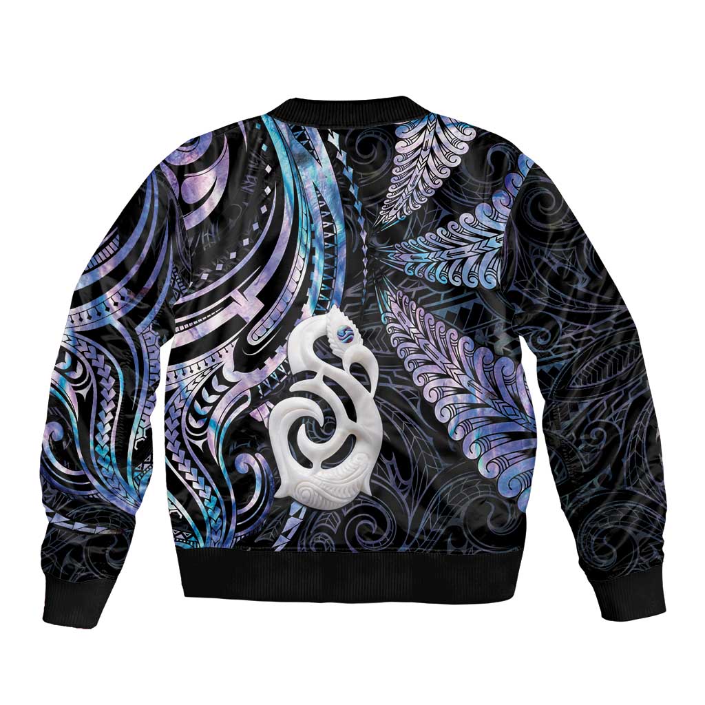 New Zealand Aotearoa Sleeve Zip Bomber Jacket Maori Hei Manaia Purple Paua Shell