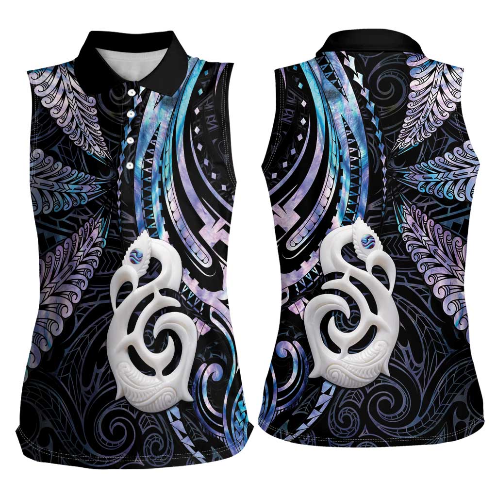 New Zealand Aotearoa Women Sleeveless Polo Shirt Maori Hei Manaia Purple Paua Shell