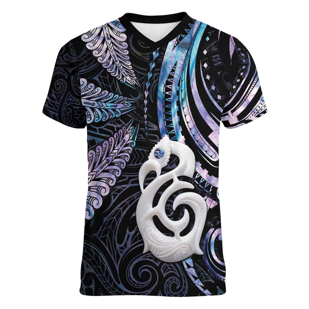 New Zealand Aotearoa Women V-Neck T-Shirt Maori Hei Manaia Purple Paua Shell