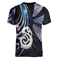 New Zealand Aotearoa Women V-Neck T-Shirt Maori Hei Manaia Purple Paua Shell