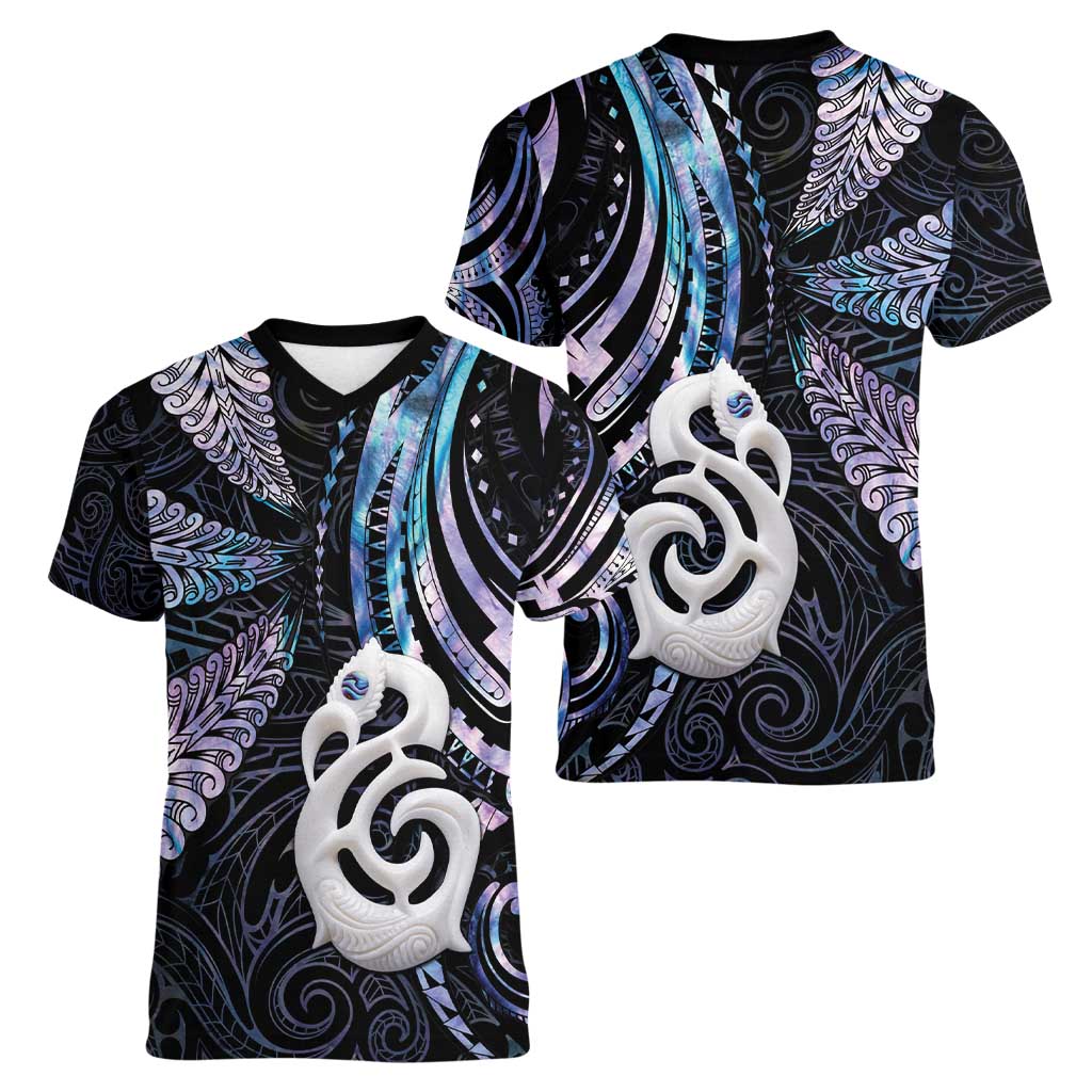 New Zealand Aotearoa Women V-Neck T-Shirt Maori Hei Manaia Purple Paua Shell