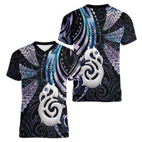 New Zealand Aotearoa Women V-Neck T-Shirt Maori Hei Manaia Purple Paua Shell