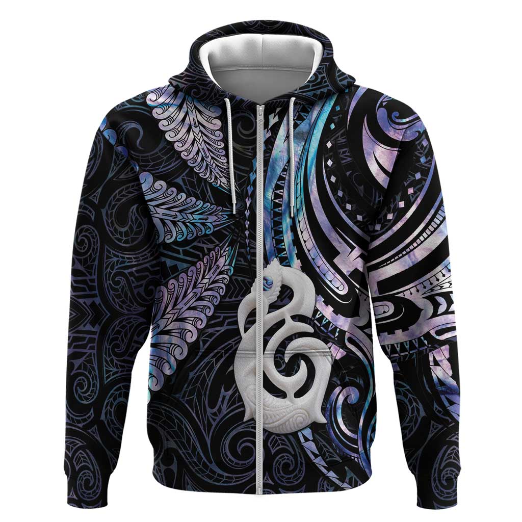 New Zealand Aotearoa Zip Hoodie Maori Hei Manaia Purple Paua Shell